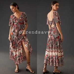 Anthropologie Red Button Front Cutout Tiered Maxi Dress XXS NWT